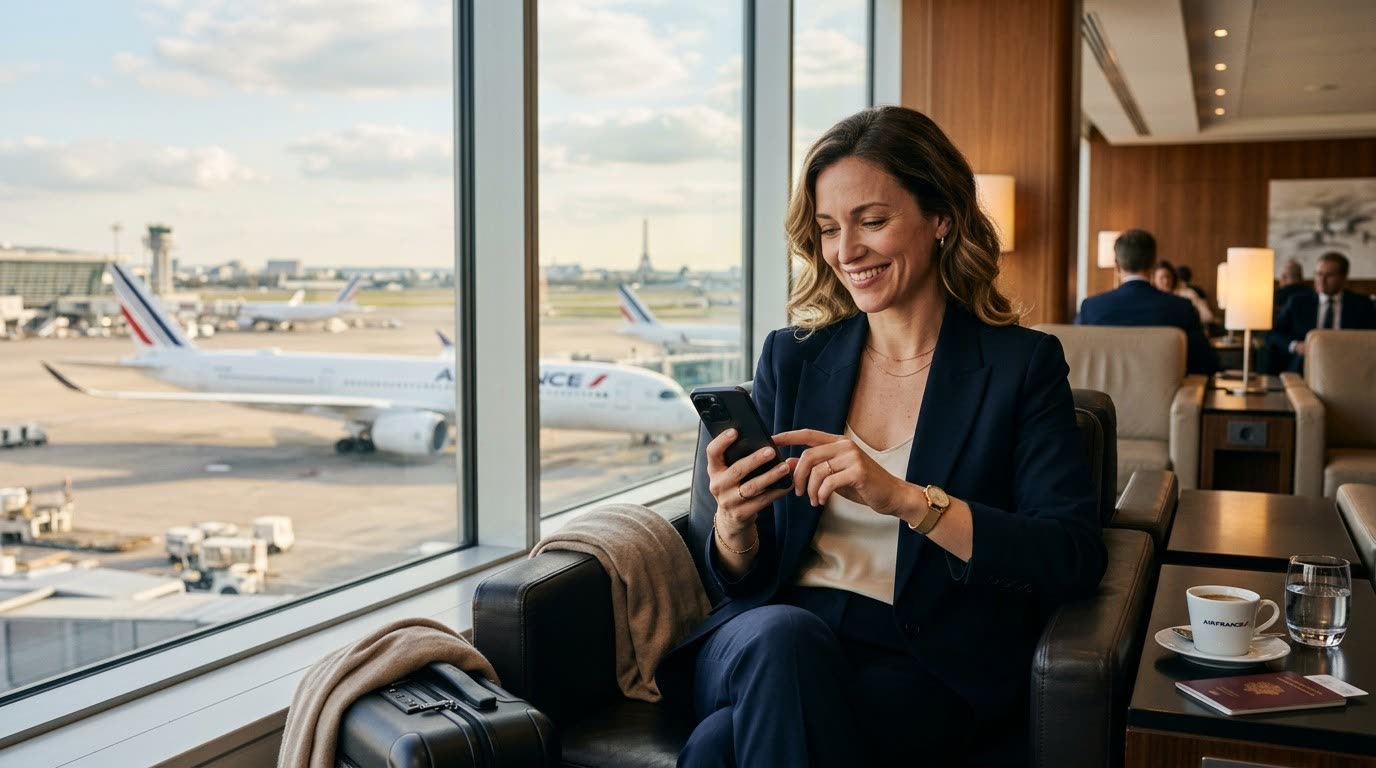 A traveller sitting in an airport lounge sending a claim from a phone, with aircraft on the apron outside the window.
