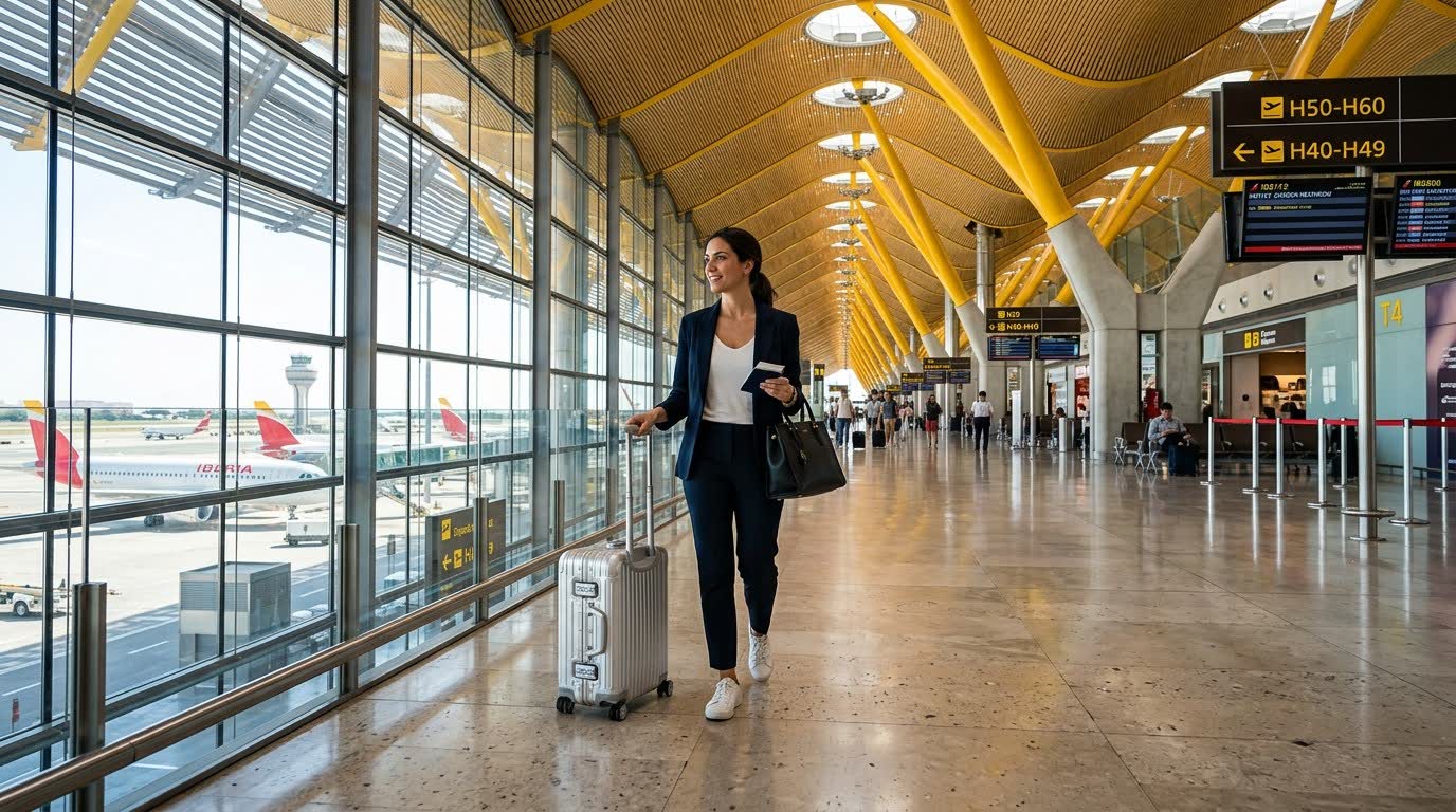A passenger walking through an airport terminal with a cabin bag, departure boards and parked aircraft alongside.