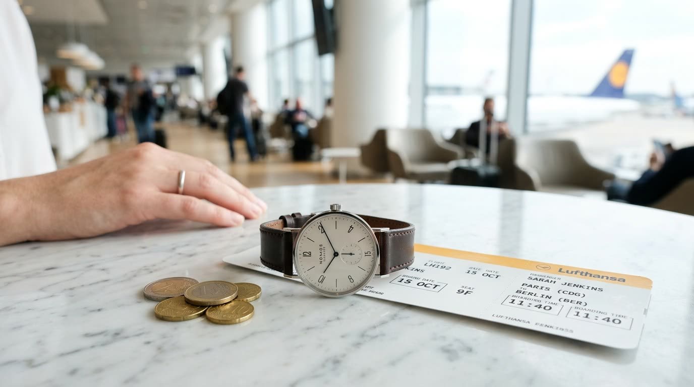 A wristwatch, a few euro coins and a Lufthansa boarding pass from Paris to Berlin on a marble table in an airport lounge.